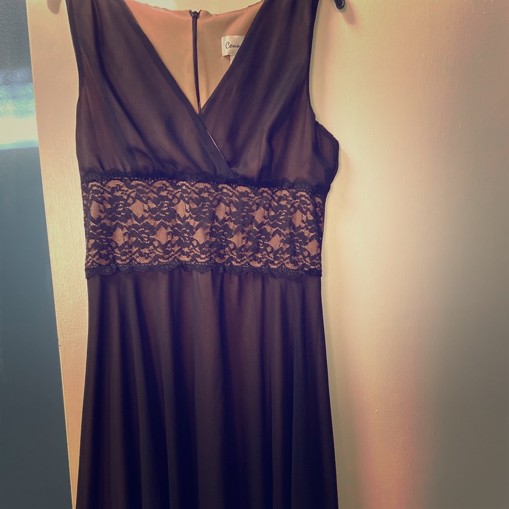 Connected black lace overlay nude dress